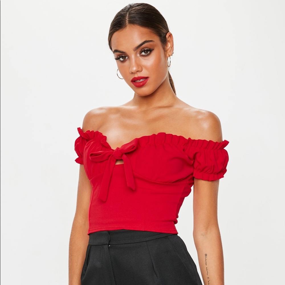 Missguided Red Milkmaid Tie Front Bardot Crop Top